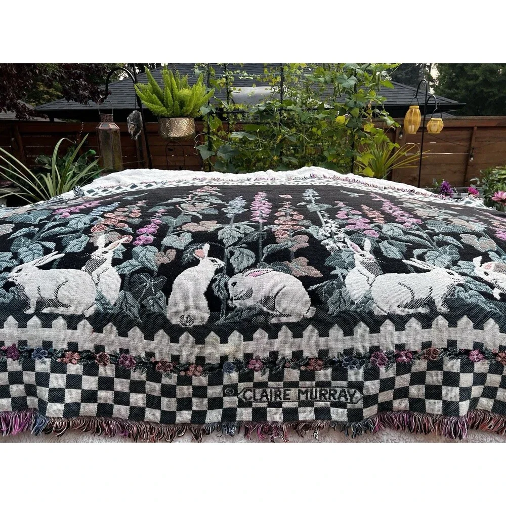 Vtg Claire Murray Foxglove Weavers Tapestry Blanket Throw Garden Bunnies Rabbit